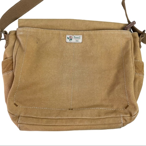 Fossil Tan Canvas Crossbody Messenger Bag - Vintage - Foldover - Picture 13 of 15
